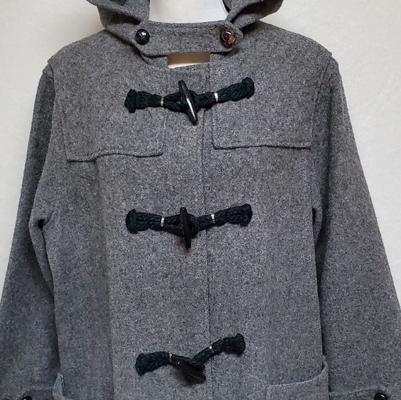 RARE Vintage 1970s Woolrich Woman Gray Wool Hooded Toggle Button Trenchcoat L - Picture 7 of 16